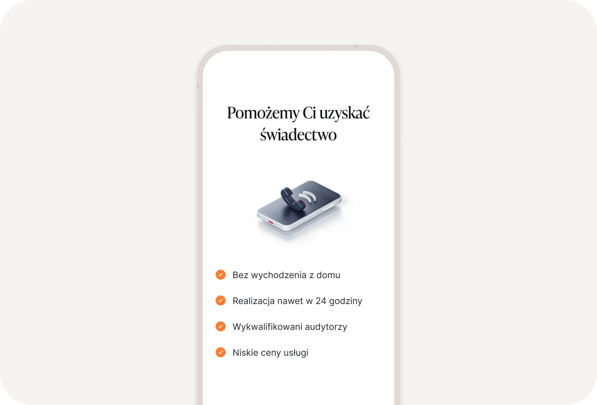 Prezentacja usługi świadectwa energetycznego w aplikacji mobilnej z ikoną smartfona i czterema zaletami zaznaczonymi pomarańczowymi znacznikami